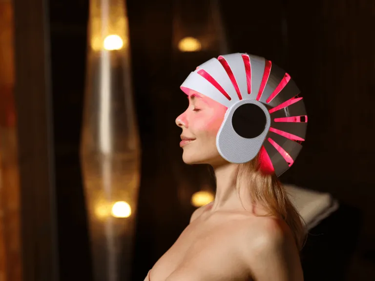 Client receiving LED hair therapy using a light helmet device at Cloud Twelve in Notting Hill, London.